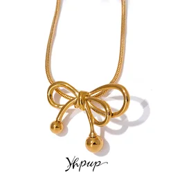 Yhpup Bow-knot Pendant Gold Color Stainless Steel Women Short Chain Necklace Charm Metal Waterproof Jewelry Bijoux Femme New
