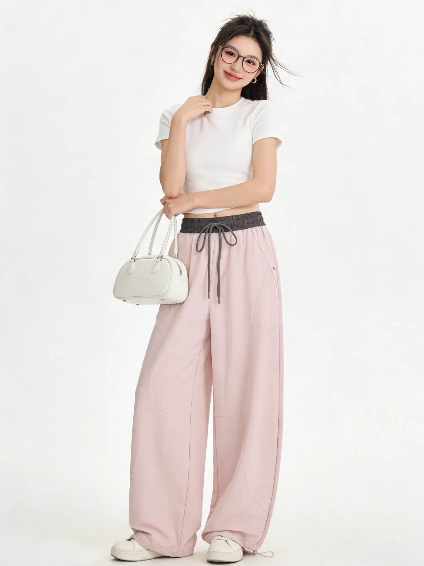 Casual High Waist Wide Leg Pants Skin-friendly Color Block Elastic Waist Pink Summer Anti-aging Cuffed Workwear Trousers