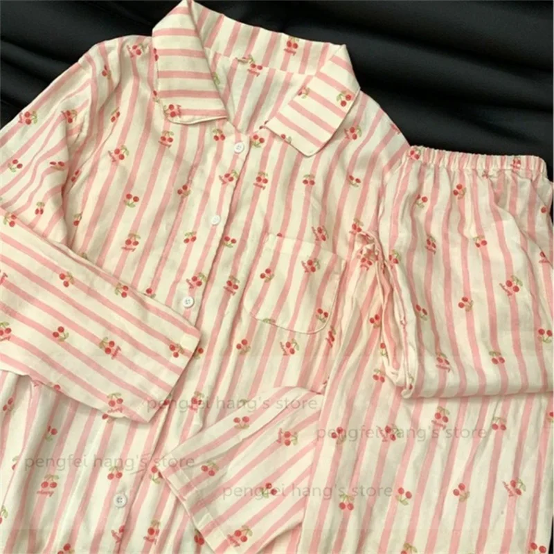 

Pijama Mujer, розовая полосатая домашняя одежда с вишневым принтом, милая одежда для сна, пижамные комплекты с длинными рукавами, женская домашняя одежда, 100% хлопок, 2 шт.