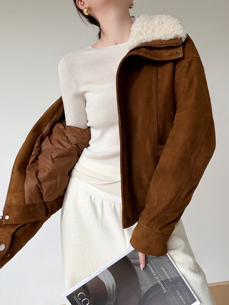 Krótkie kurtki zimowe damskie z prawdziwej skóry vintage, zamszowe, wysokiej jakości, proste, z naturalnym kołnierzem z wełny jagnięcej, prawdziwa skóra kozia, płaszcz z puchem gęsim.