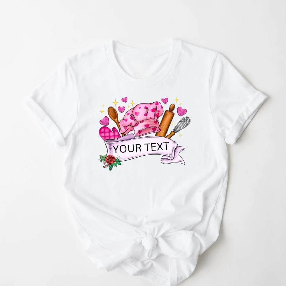 Personalized Baker T-Shirt Cute Baker Life Graphic Tee Customizable Name Pink Chef Theme Shirt Women Summer Fashion Cotton Tops
