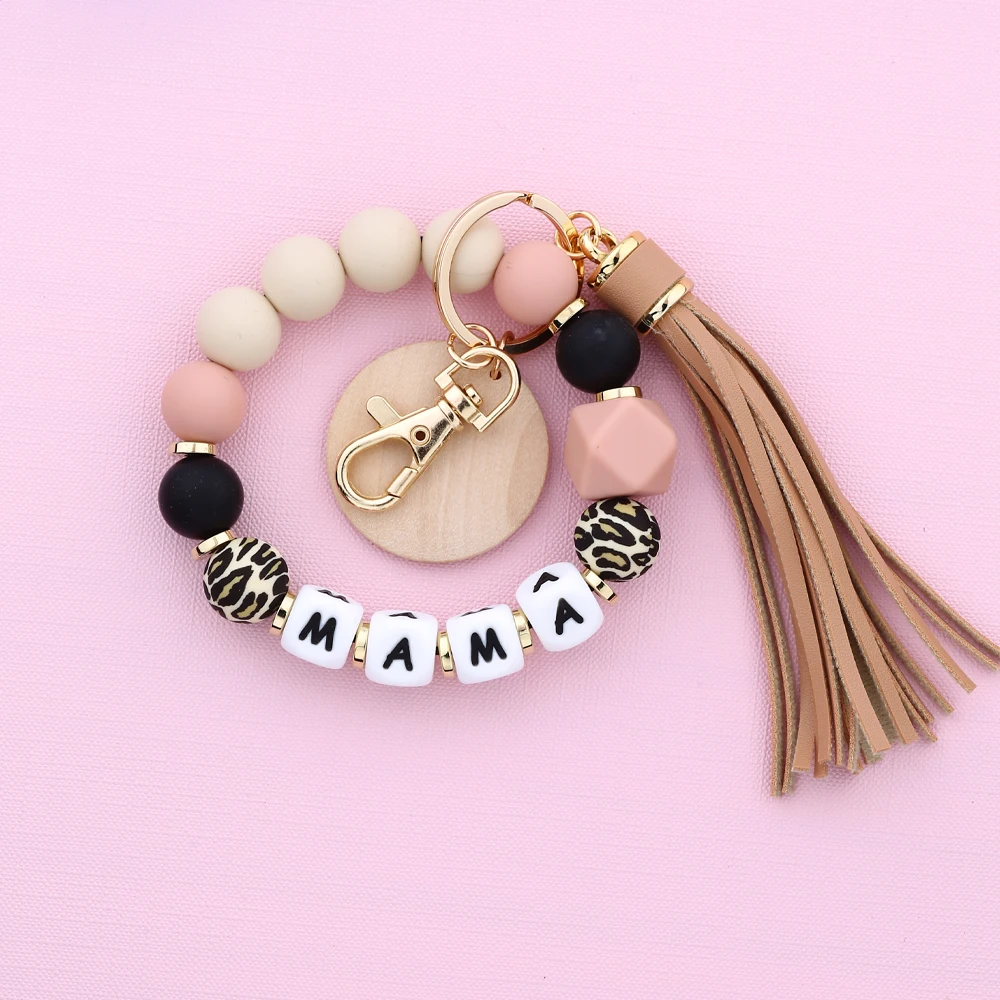 Mother\'s Day Gift Leopard Silicone Bead Key Chain Letter MAMA Beaded Wristlet Keychain With Wood Disc Leather Tassel Key Ring