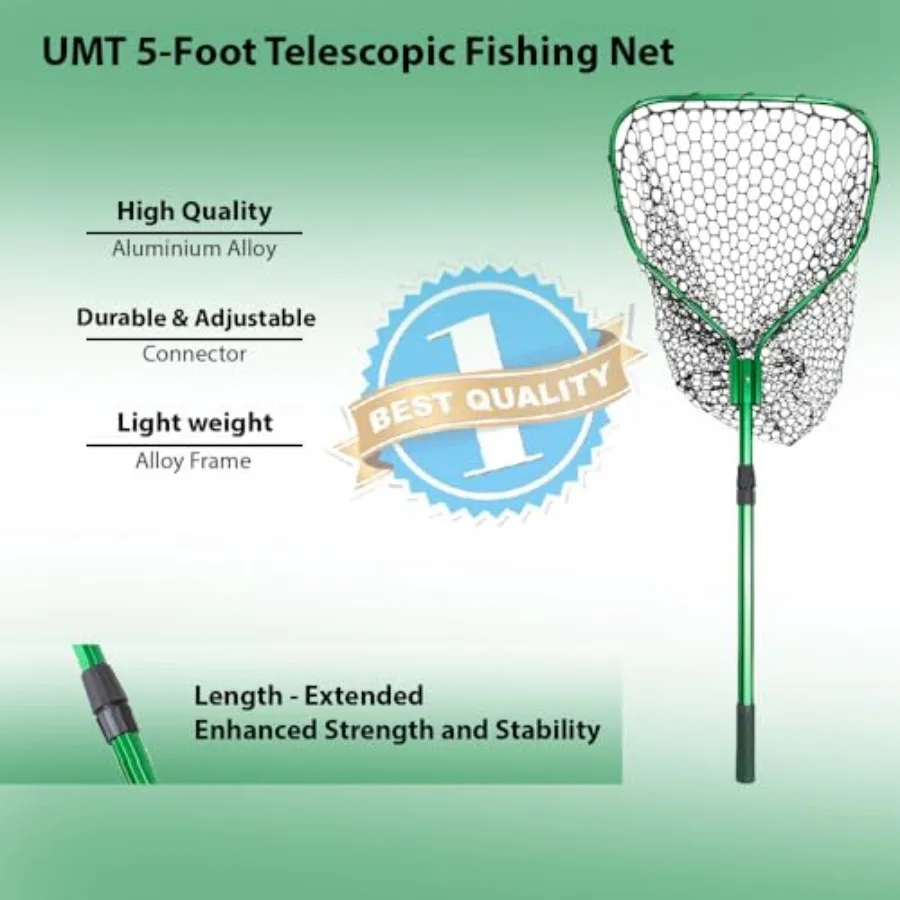 Telescopic Fishing Landing Net 3.6 5 ft — 17" x 19" Large Hoop, 21" Deep Silicone Rubber Mesh, for Freshwater and Saltwater, Gr - view 6