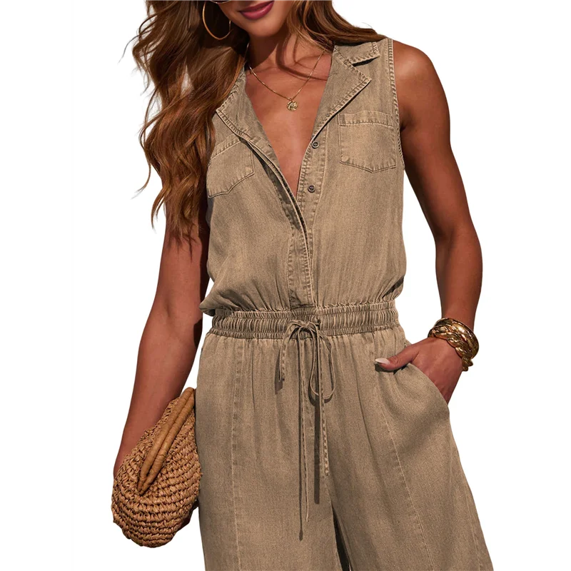 

A09P Women's Denim Scoop Neck Sleeveless Drawstring Waist Jumpsuits Overall Rompers Light Khaki S