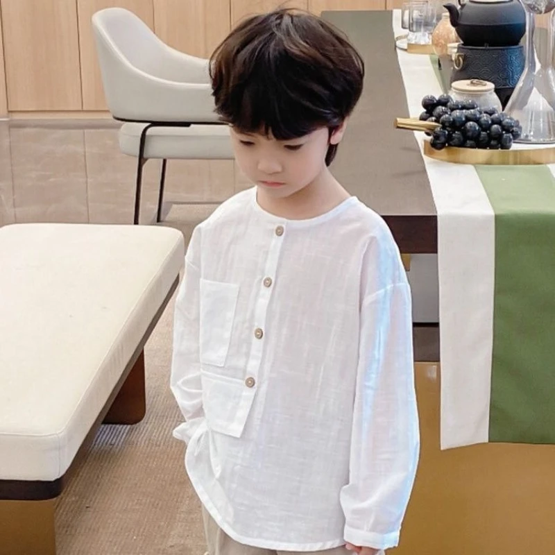 Boys Cotton Linen T Shirt Summer Thin Casual Solid Color Korean Style Kids Tops Tee Children Clothing - view 5