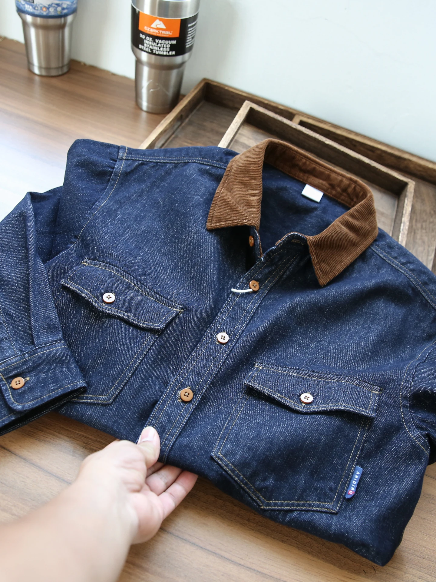 

Мужская повседневная верхняя одежда из плотного американского ретро-денима с длинным рукавом, свободного кроя, из смесового хлопка и полиэстера