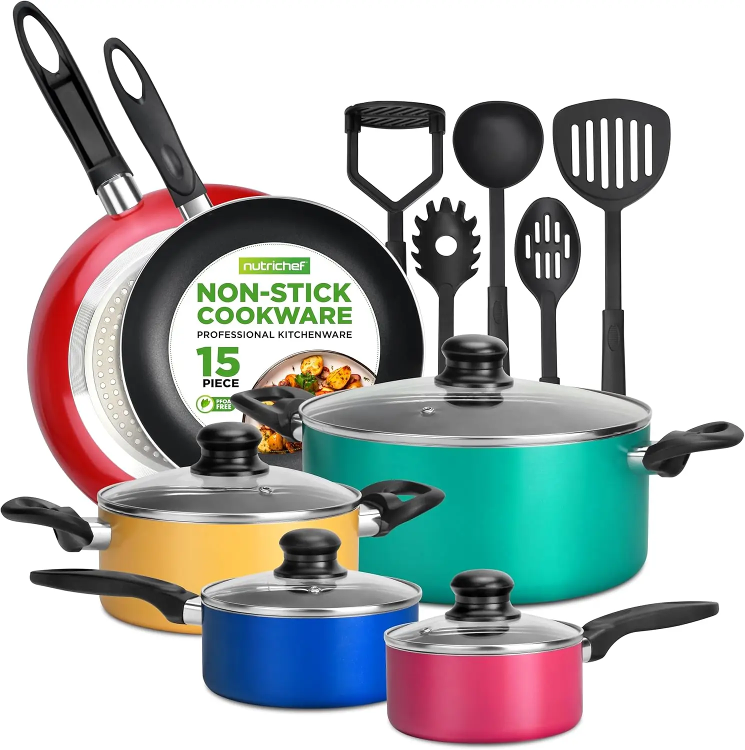 

NutriChef 15-Piece Non Stick Kitchen Cookware Set PFOA/PFOS-Free, Colorful Heat Resistant Lacquer w/Saucepot, Frying Pans