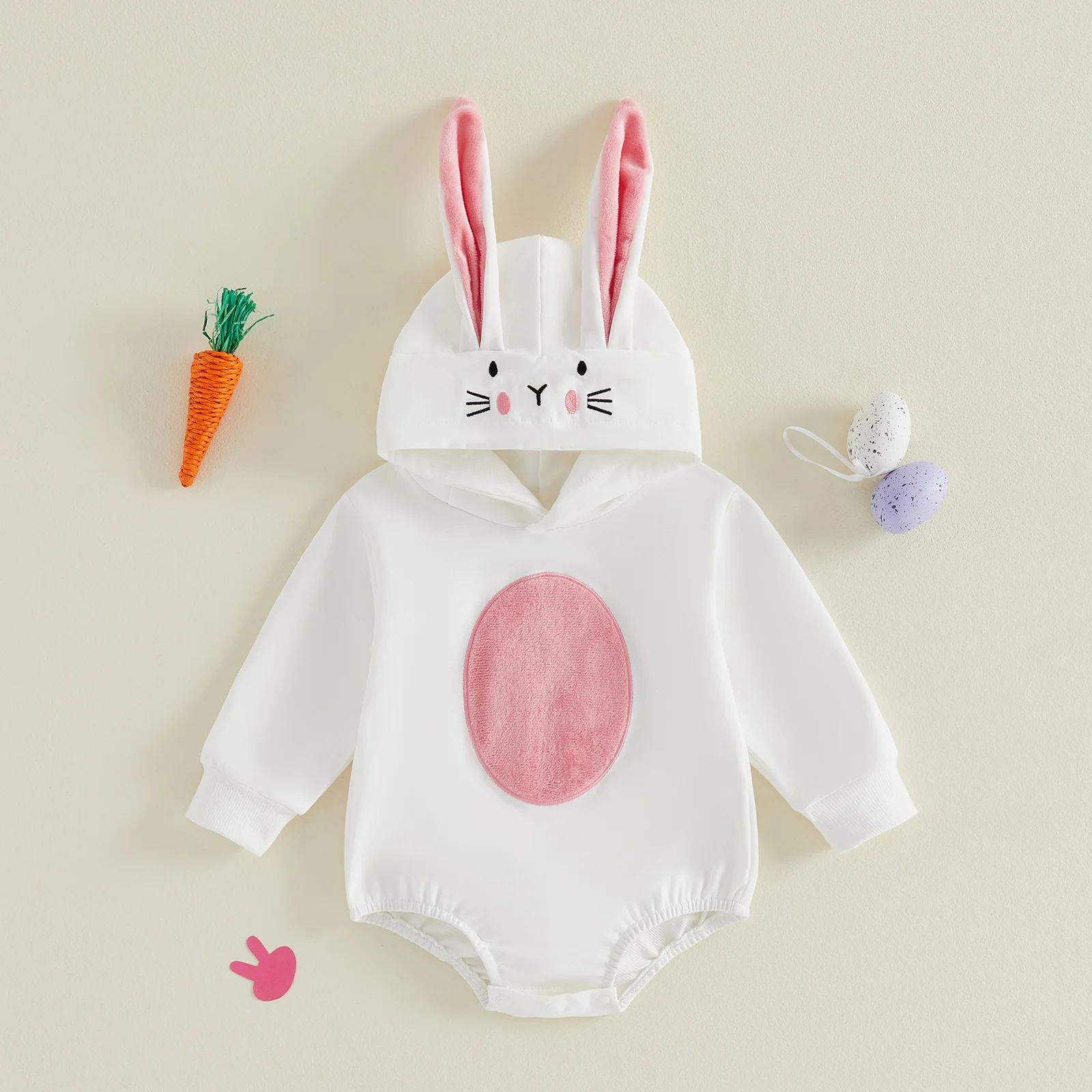 Baby Easter Hooded Rompers Comfortable Contrast Color Long Sleeve Bunny Ear Jumpsuit for Holiday Daily Wear