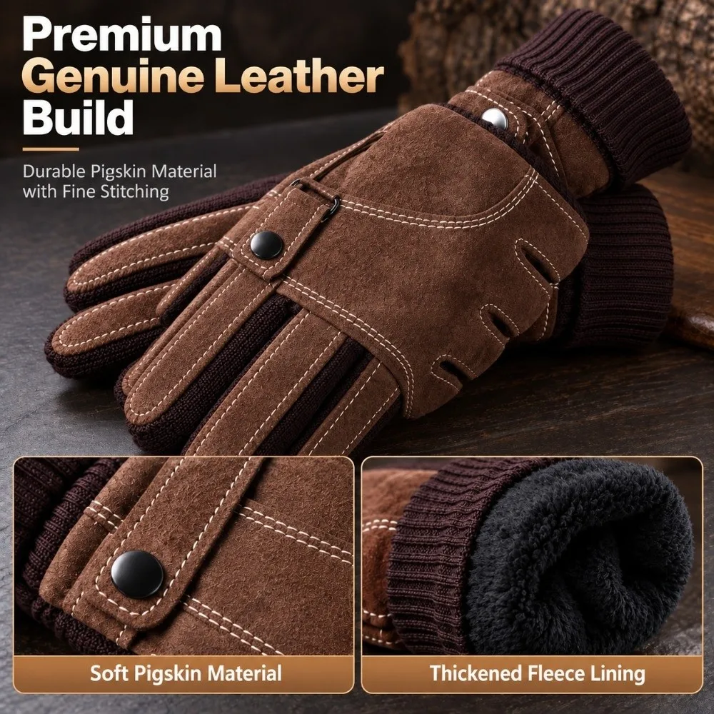 Full Finger Genuine Leather Gloves Touch Screen Windproof Riding Cycling Gloves Waterproof Non Slip Fleece Lined Gloves Winter