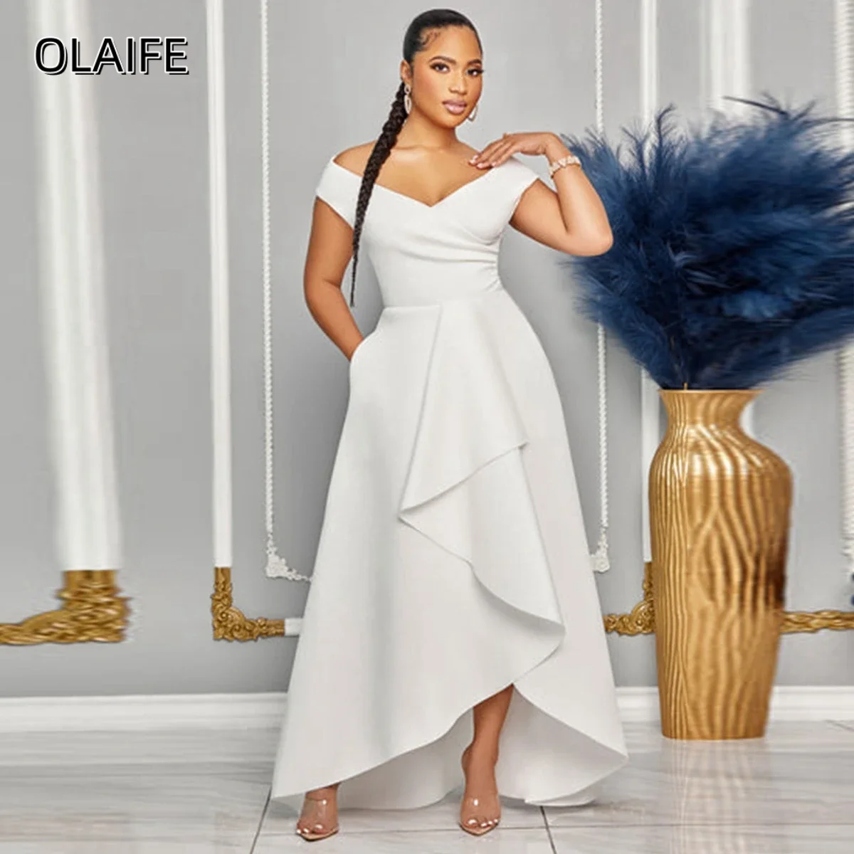 

Satin Off The Shoulder Ruffle A-Line Prom Dresses Floor Length Customized Sleeveless Formal Occasion Prom Gowns vestidos de gala