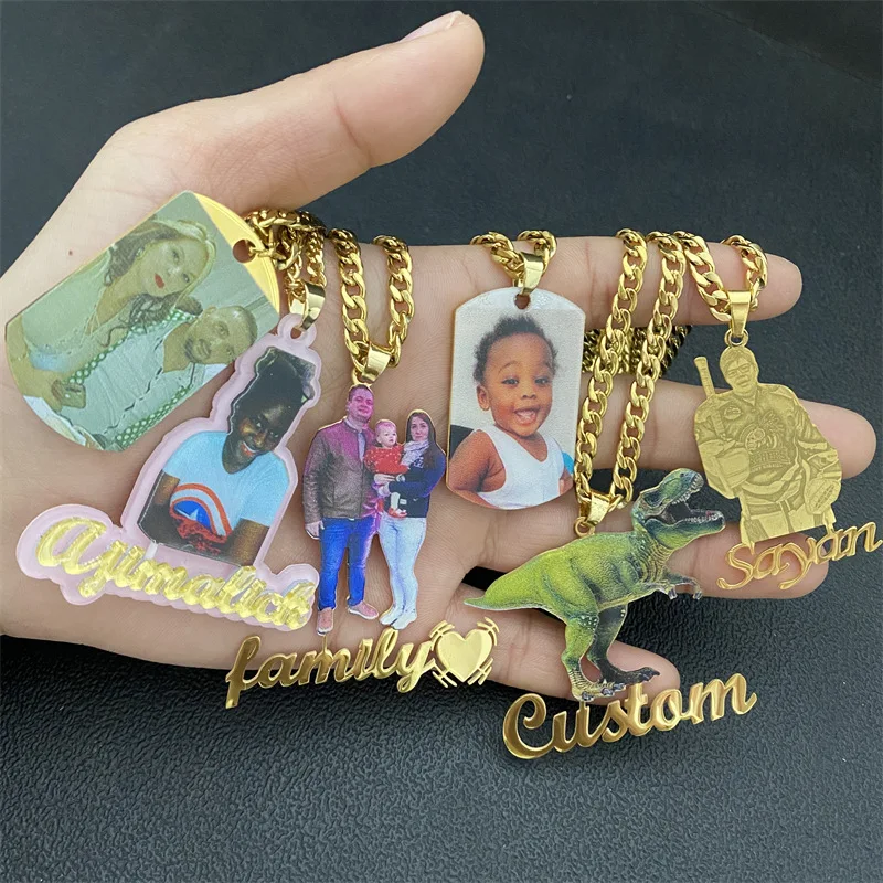 Custom Photo Necklace DIY Picture Nameplate Stainless Steel 5MM Cuban Chain Necklace for Kids Memory Hip Hop Jewelry Family Gift