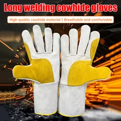 Medium-length cowhide welding gloves anti-scald wear-resistant soft leather labour gloves protective thickening gardening