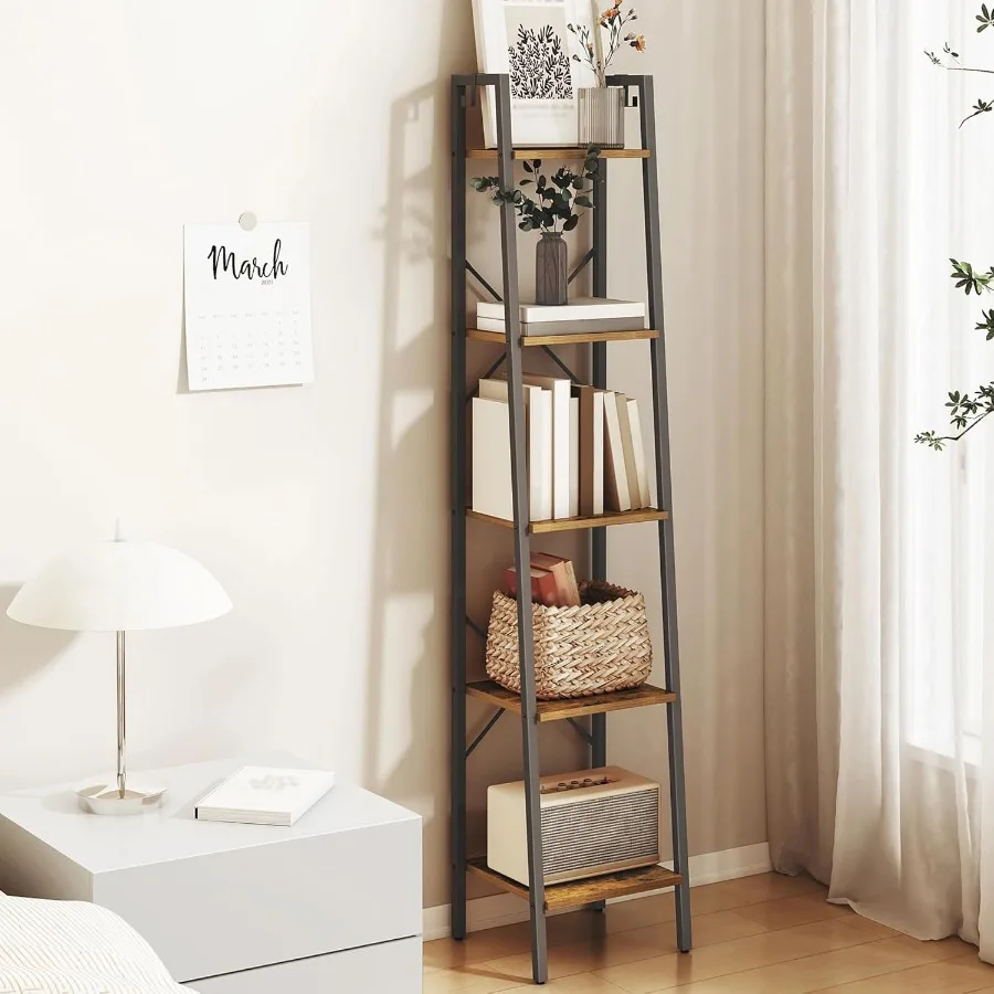 Ladder Shelf, Bookshelf Bookcase, Freestanding Corner Storage Shelve with 2 Hooks for Home Office, Living Room, Kitchen