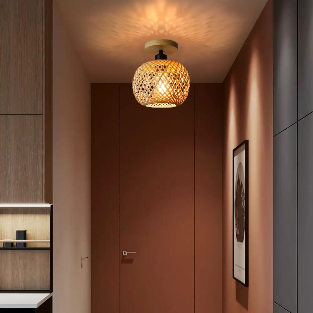 1-Light Bamboo Cage Ceiling Light Rural Style Semi Flush Mount Ceiling Lamp chandelier for Dining Room Bedroom RestaurantE26/E27