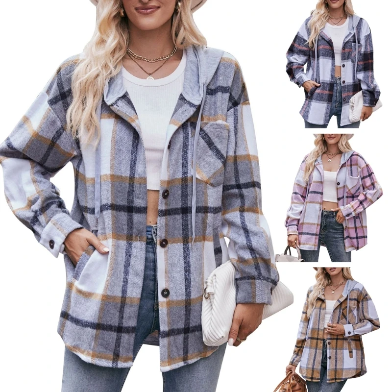 Womens Long Sleeve Plaids Hoodie Drawstring Hoodie Shirt Top Shacket Button Down Blouses Tops