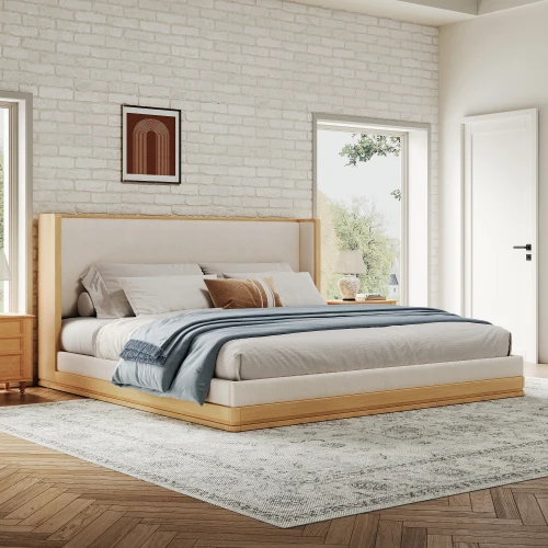 

#Modern Wood & Beige Adjustable Soft Bed Platform Bed Frame Size Solid Wood Legs Chenille Fabric
