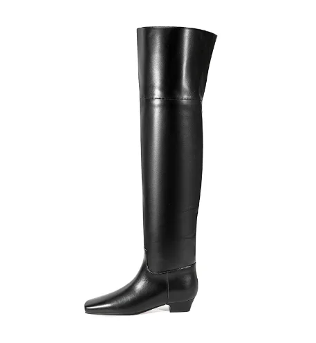 Square Toe Over The Knee Boots Loose Block Heels Classic Black Vintage Thigh High Booties Women Winter Sexy Runway Rubber Shoes