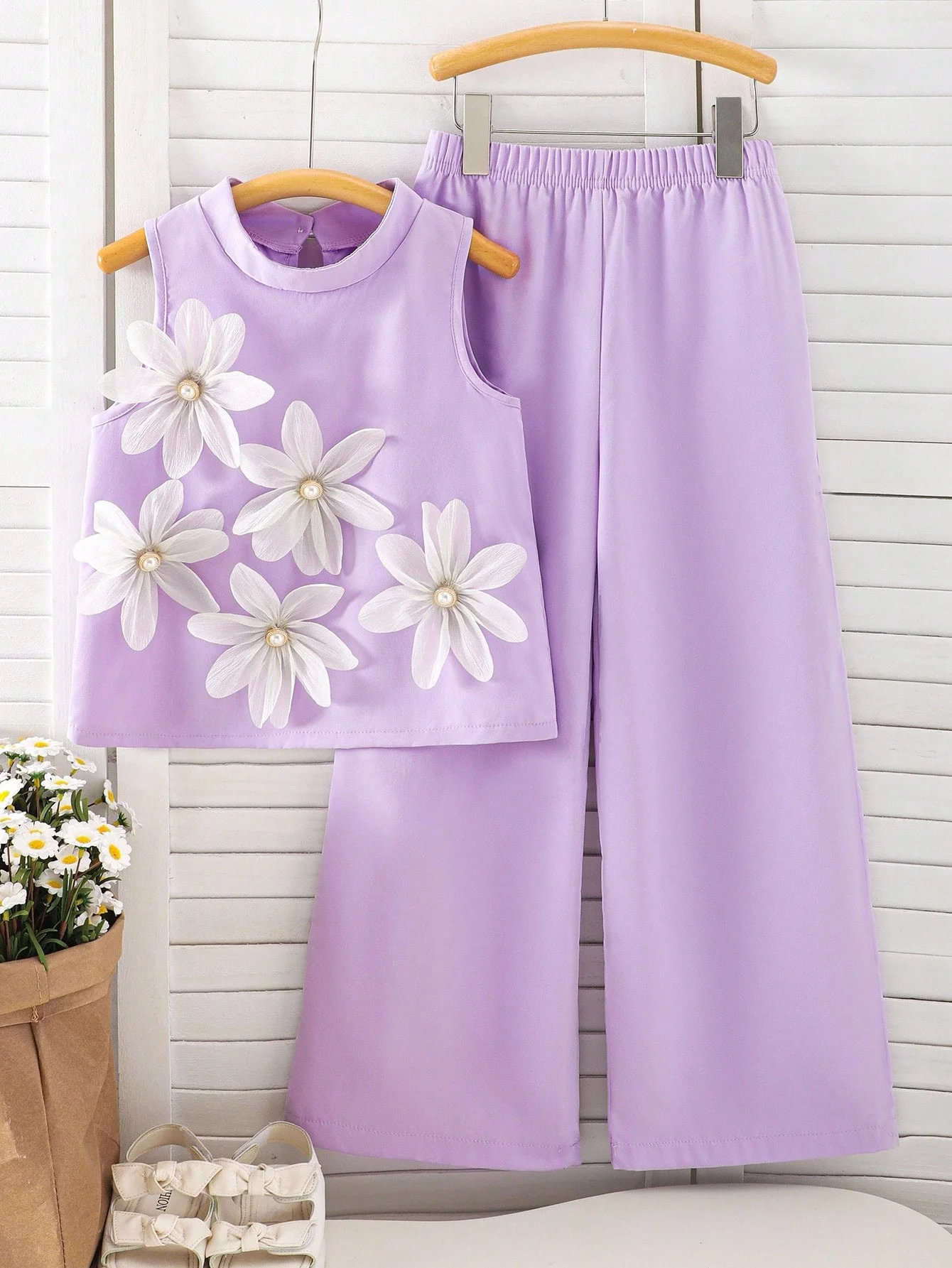 Girls' sweet floral-decorated purple sleeveless top + matching color pants two-piece set for spring and summer