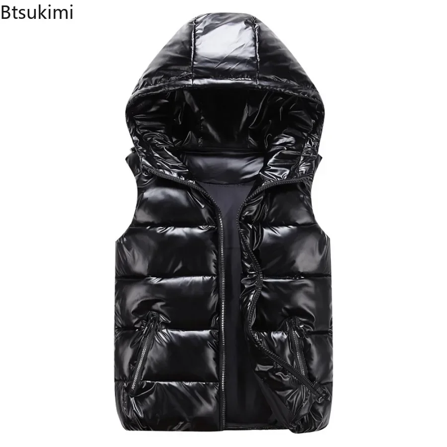2025 Men's Down Cotton Lightweight Vest Top Couple Casual Waterproof Waistcoat Men's Winter Hooded Glossy Sleeveless Parkas Vest