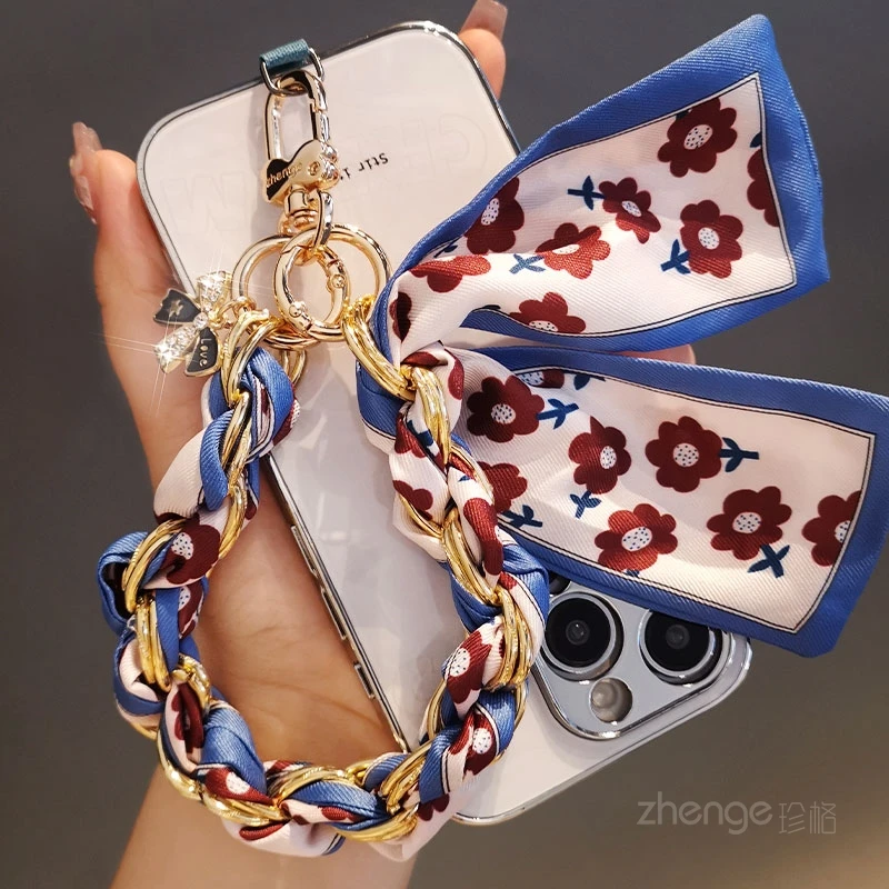 

Chic Silk Scarf Phone Wrist Strap, Metal Circle Chain, Anti-Lost, Luxury Style