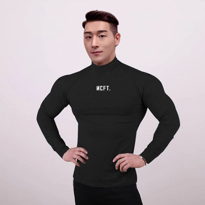 New Sport Shirt Men Fitness Running T Shirts High Neck Long Sleeve Sport Top Sportswear Gym Bodybuilding Training Clothing