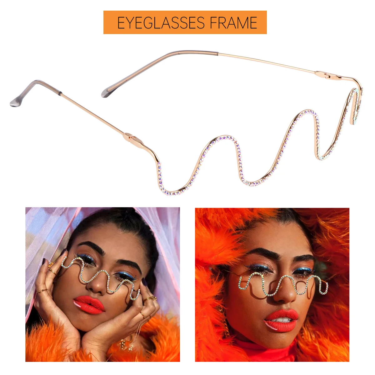 

1Pair Metal Eyeglasses Frame Diamond Inlaid Fashionable Personality Decorative Glasses Party Festival Photography
