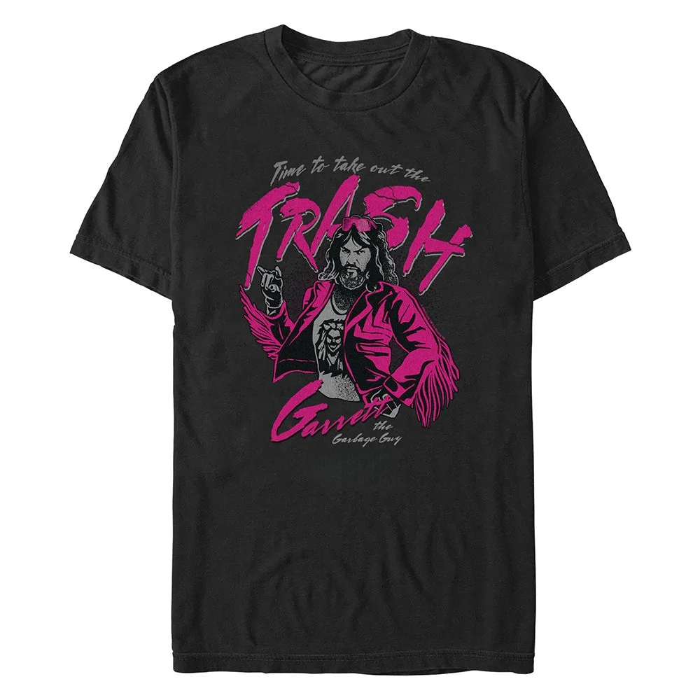 

Vintage-Inspired Garret The Garbage Guy T-Shirt | Bold Pink & Black Graphic Taking Cool Design | Y2k Style for Streetwear Fans