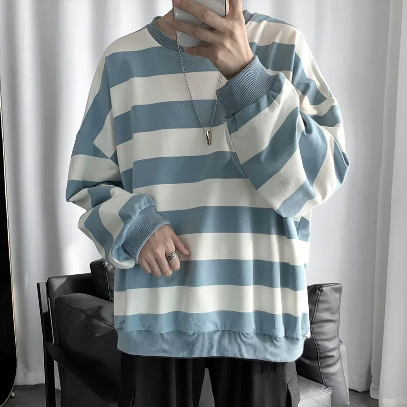 Stripe Long Sleeve T-shirt For Men Autumn Winter Loose-fit Korean Version Fashionable Round Neck Base Layer Top Casual Top