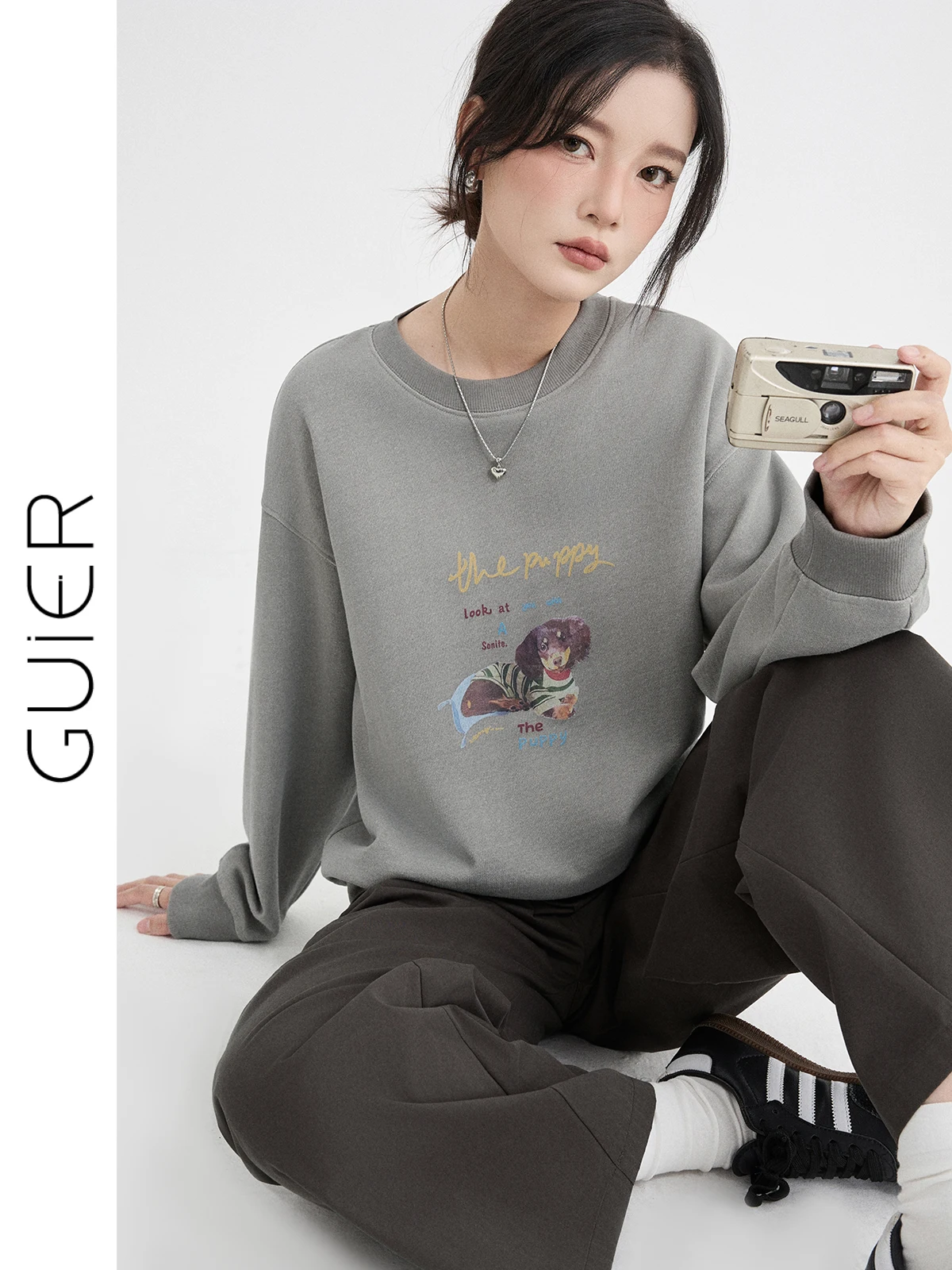 

Женская винтажная толстовка Guier с круглым вырезом, свободного кроя, с принтом, с длинными рукавами, повседневный топ, весна 2026, новинка