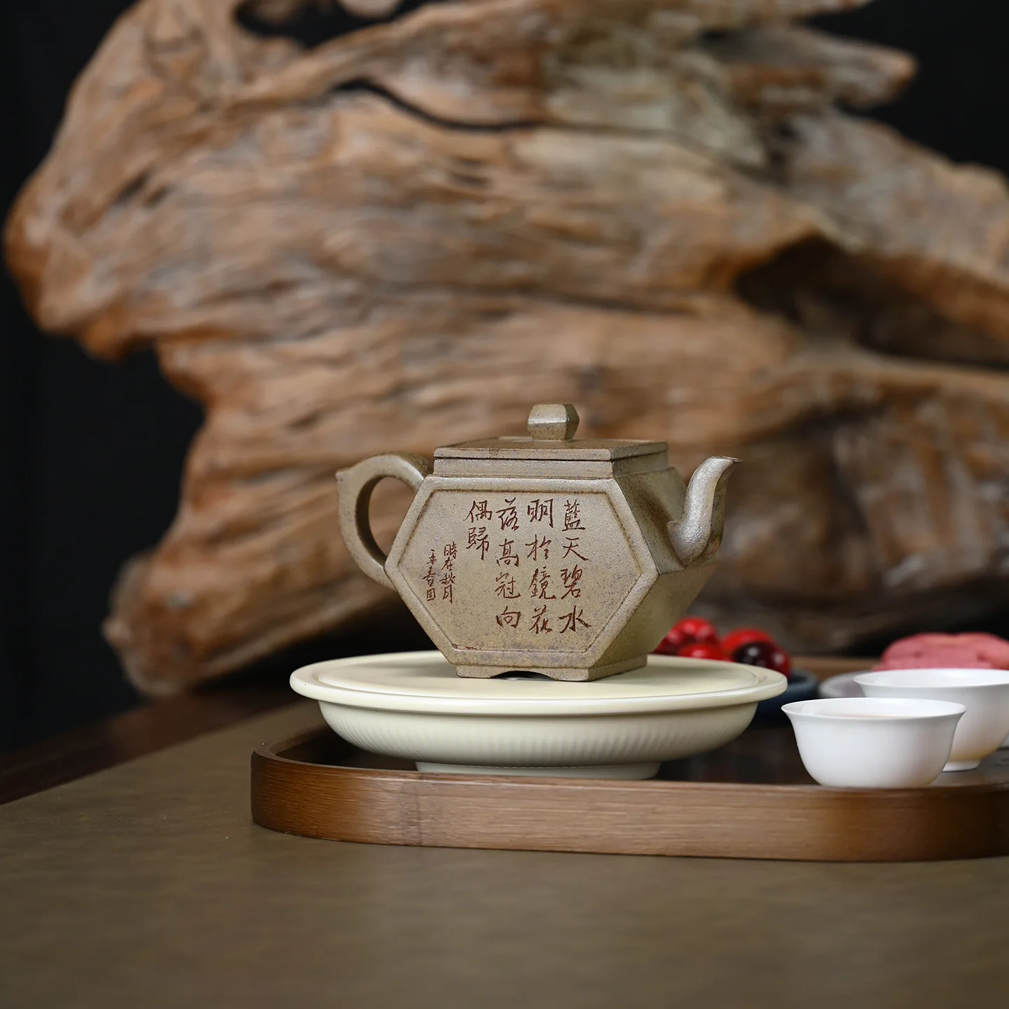 Raw Agarwood Clay Hand-Carved Square Tranquil Chinese Style Yixing Zisha Teapot Kung Fu Tea Set 250ML