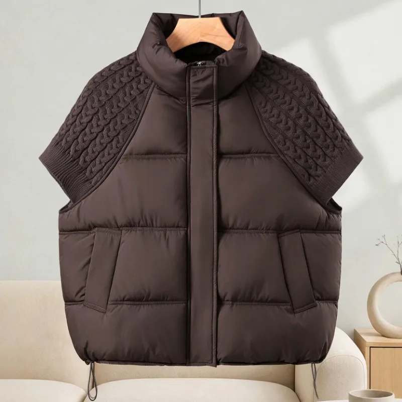 Women Stand Collar Padded Vest Autumn Winter New Knit Spliced Short Sleeve Waistcoat Loose Warm Cotton Puffer Gilet Outerwear
