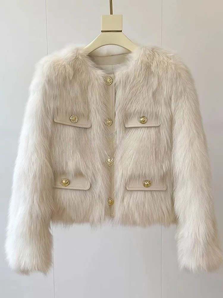 Abrigo de piel sintética suave y cálido para mujer, chaqueta coreana de manga larga con cuello redondo a la moda, prendas de vestir informales elegantes para mujer que combinan con todo, Tops