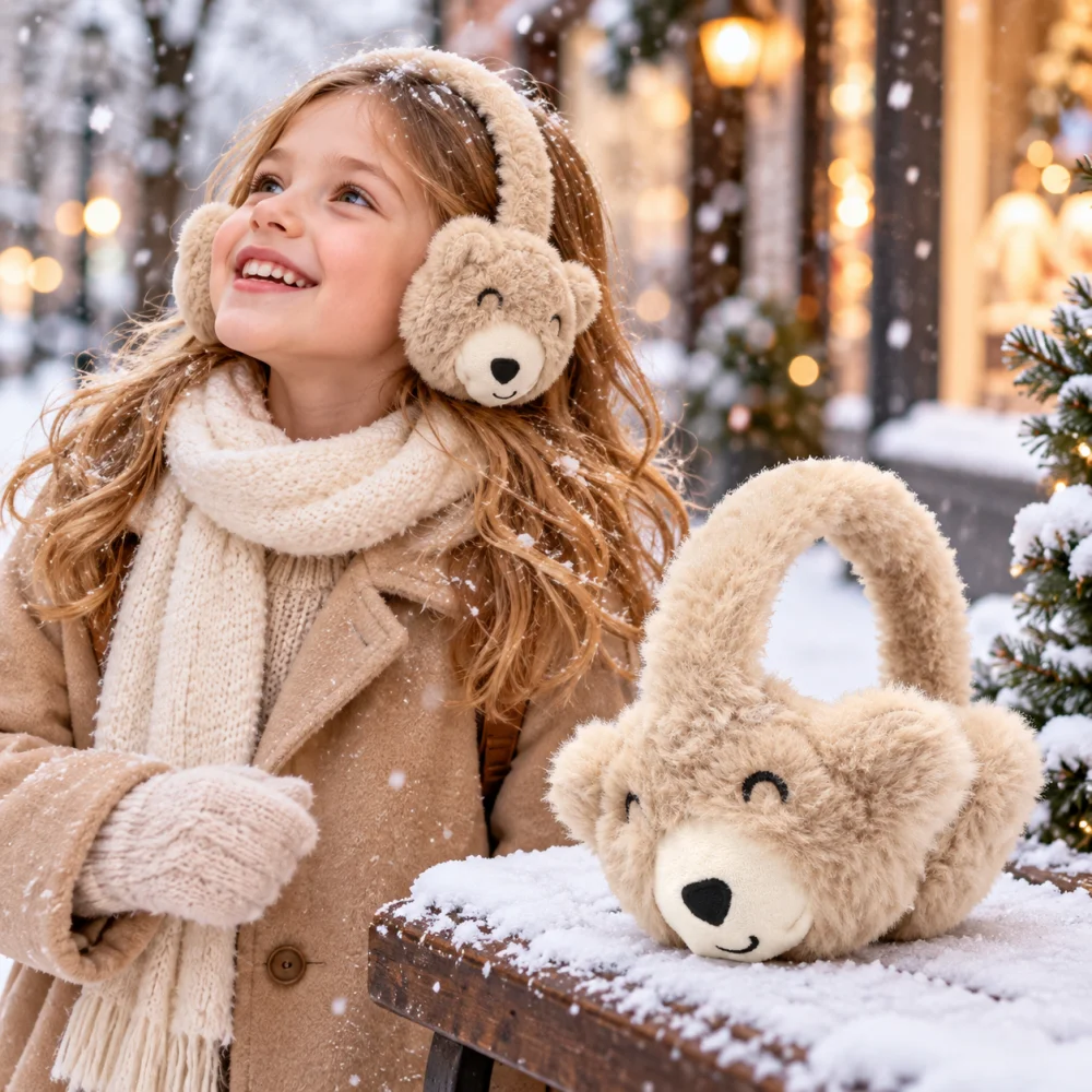 Kids Winter Earmuffs Ear Muffs Beige Plush Bear Face Animal Headband for Girls Boys Children Cute Outdoor Fashion Accessory
