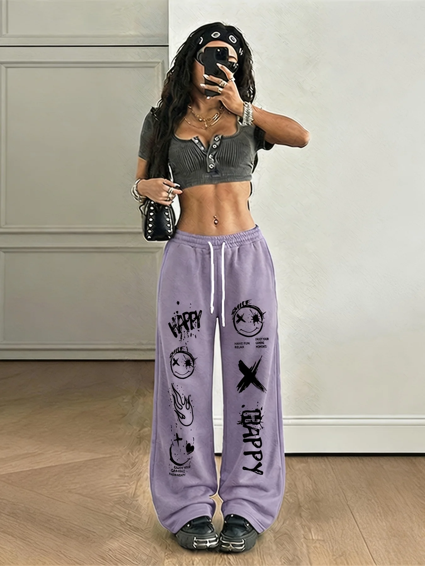 2026 Summer Y2K Graffiti Smiley Sweatpants for Women - Casual 