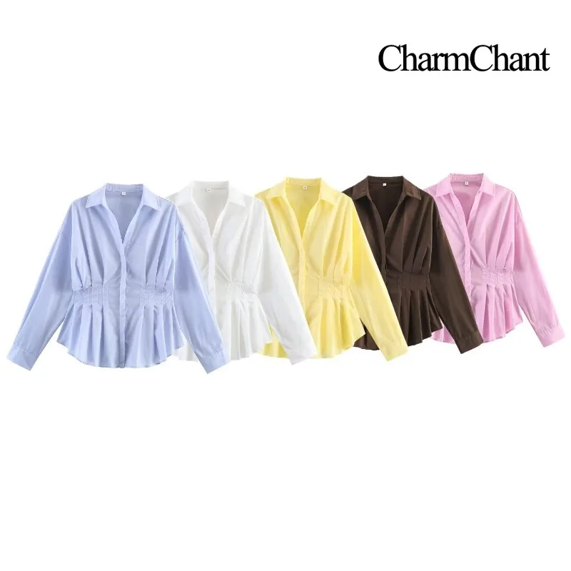 CHARMCHANT Women's Cinched Waist Peplum Shirt Lapel Collar Button Front Long Sleeve Blouse Office Daily Spring 2026