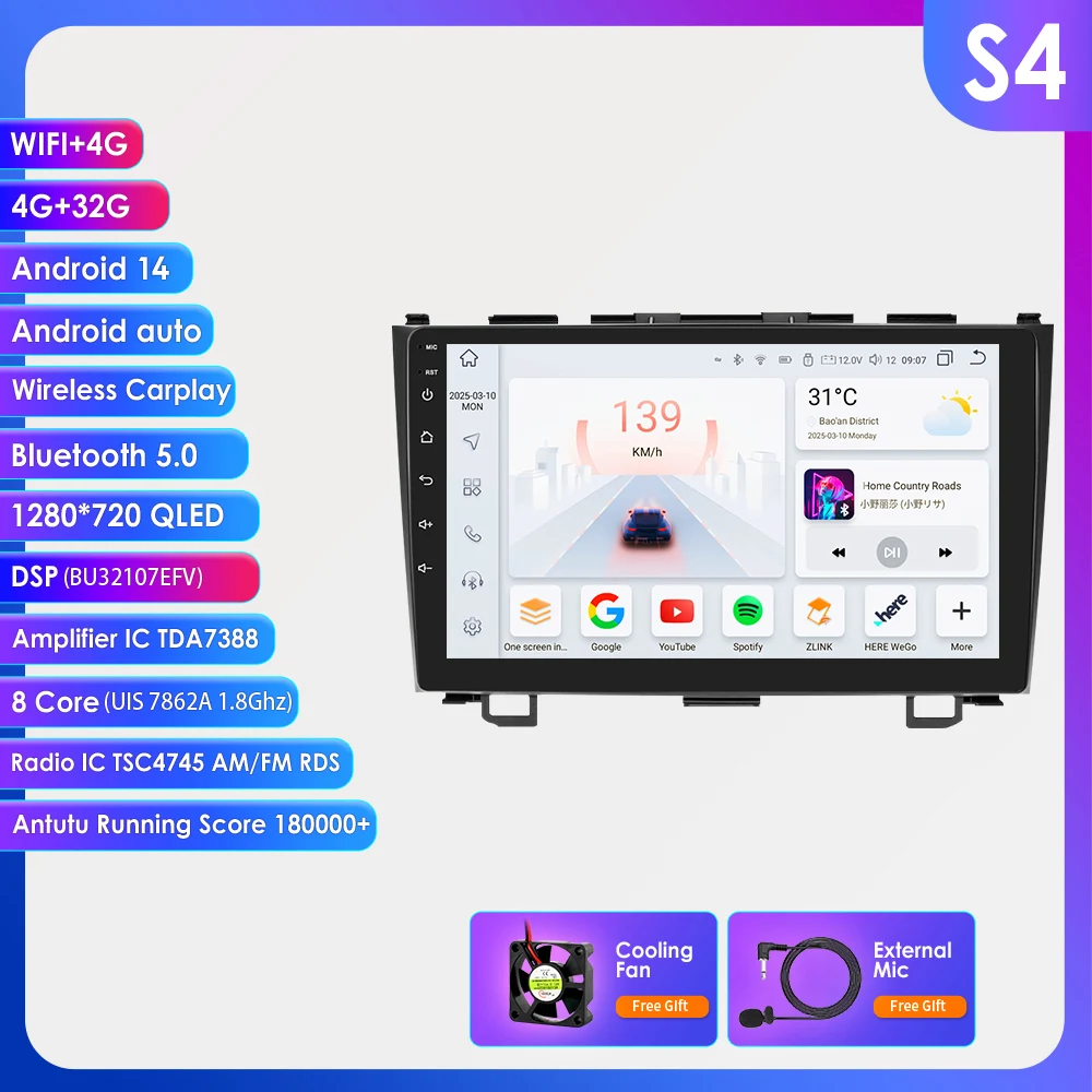 Hizpo 9'' Autoradio Auto Multimedia Speler voor Honda CRV 2007 - 2011 Radio Head Unit Audio Android Auto 2din Navigatie AI Spraak DSP 8+128G