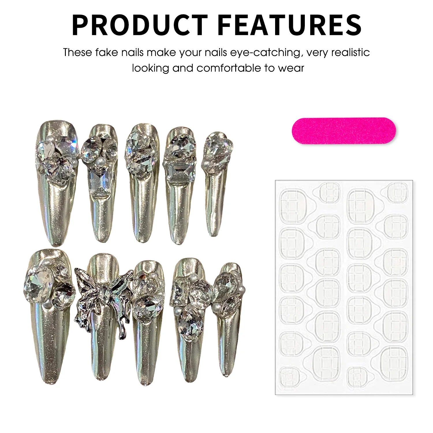 10pcs Handmade Magic Mirror Silver Fake Nails Punk Style Glossy Long Almond Press On Nails Full Flash Rhinestone Y2k False Nail