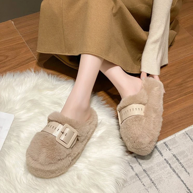 New Women's Thick-soled Baotou Furry Slippers Autumn and Winter New Home Warm Outer Wear Comfortable Soft-soled Cotton Slippers