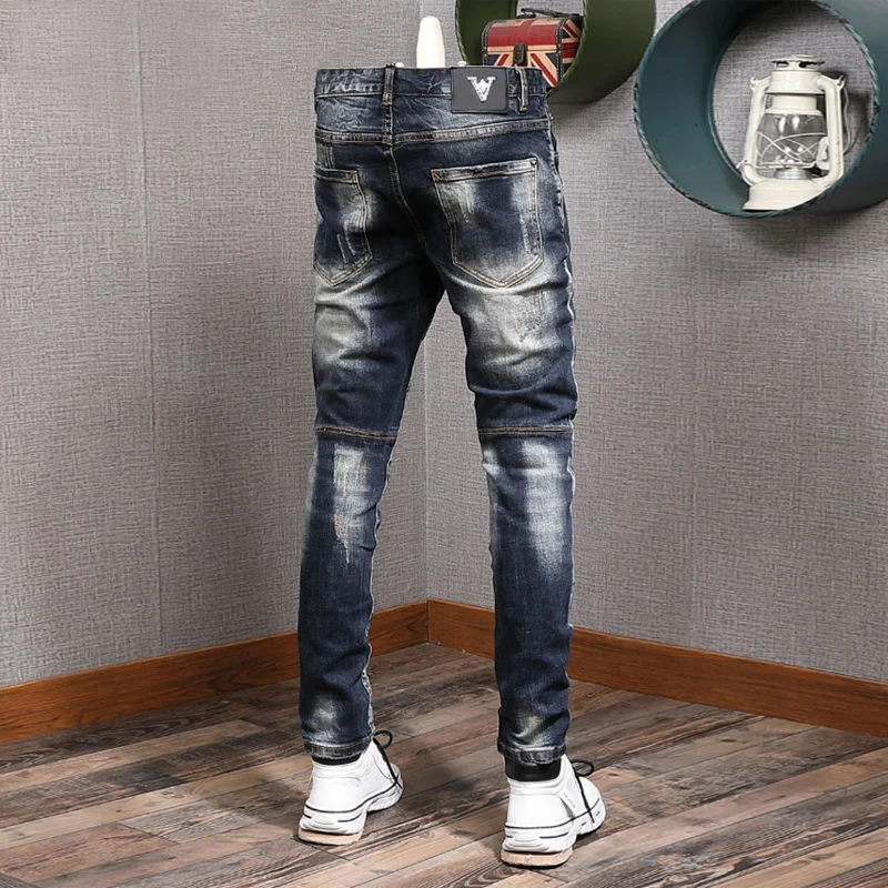 Jeans rasgado elástico Slim Fit masculino, calças jeans emendadas, bordadas, hip hop, streetwear retrô, preto, azul, designer, moda