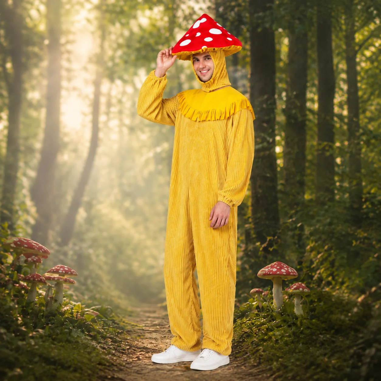 Disfraz de Hongo para Adultos, Mono con Capucha de Hongo Rojo con Puntos, Traje Divertido de Planta para Halloween, Carnaval y Fiestas
