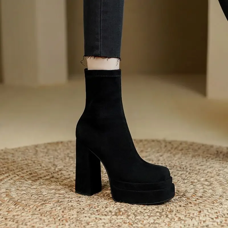 2024 autumn new frosted thick heel ankle boots womens elastic boots retro waterproof platform ultra-high heel skinny Women boots