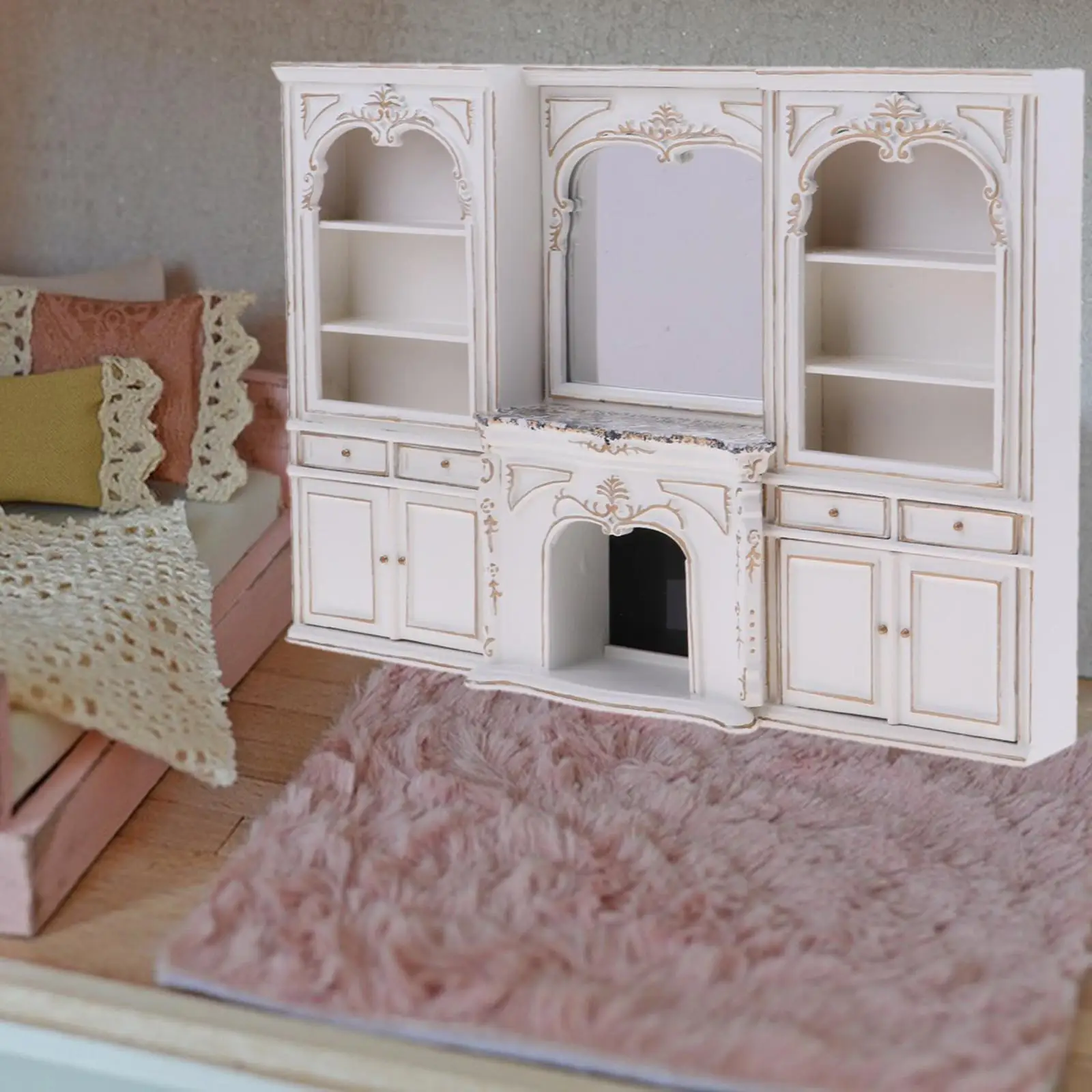 1:12 Dollhouse Miniature Fireplace for Landscape Decor Gift Window Display Wooden Furniture Miniature Storage Cabinet Model