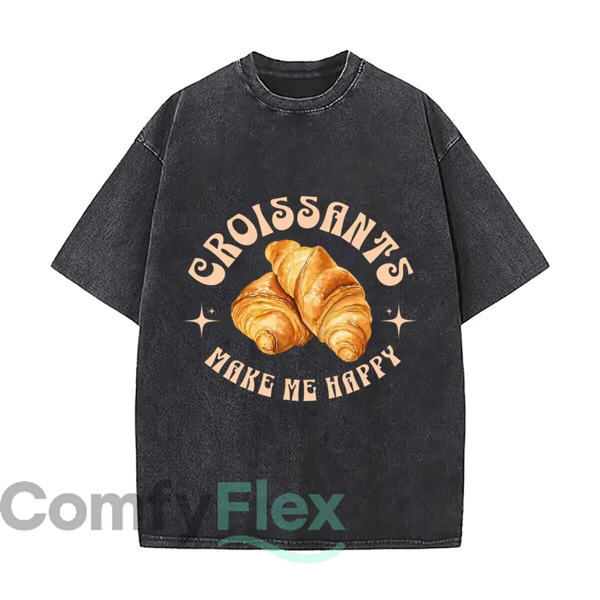 Croissants Make Me Happy Pastry Illustration Washed Vintage Short Sleeve Loose Streetwear Tee