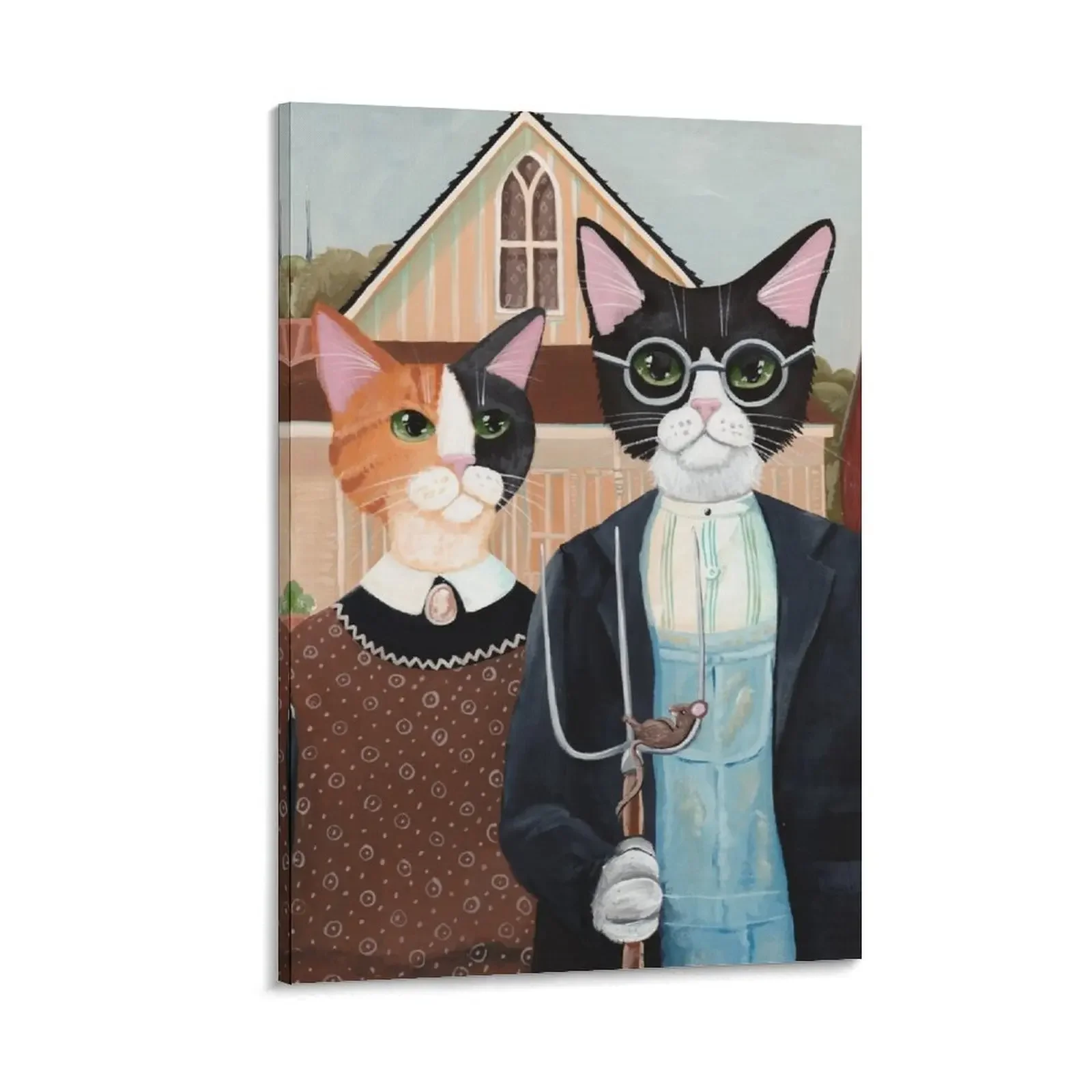 

Ameowican Gothic Calico and Tuxedo Cat Canvas Painting decorative wall poster Bedroom deco ornaments for home