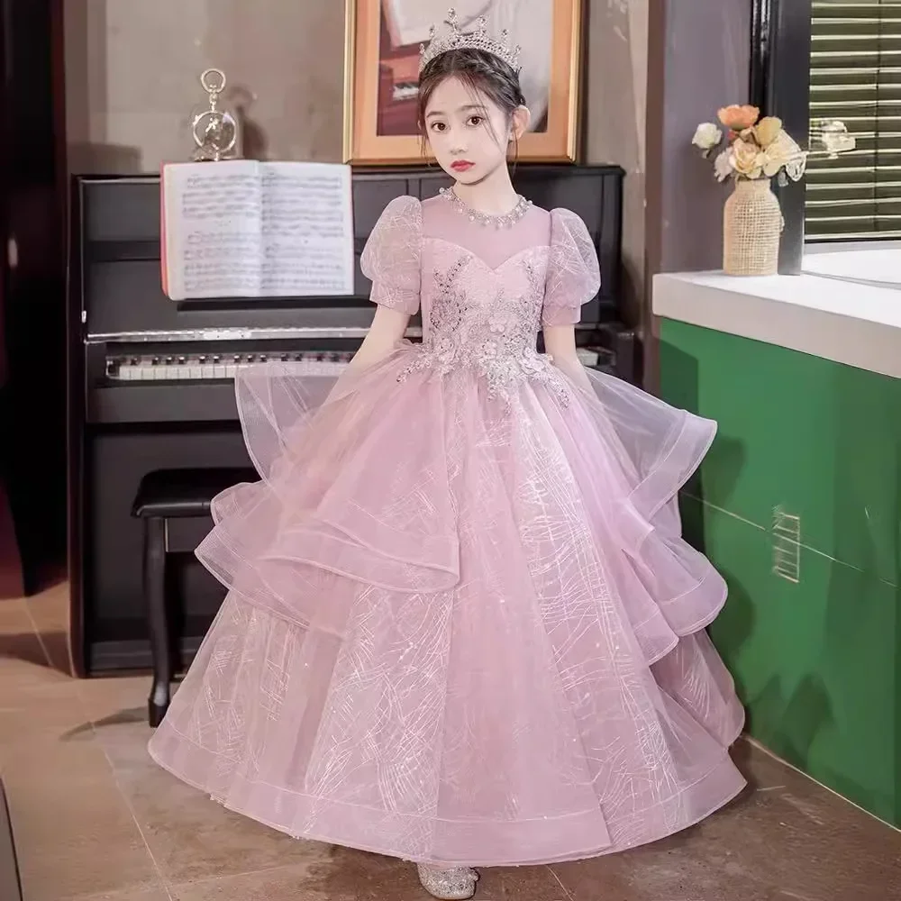 Piano Performance Dress 2024 New Pink Super Immortal Flower Girl Fluffy Princess Dress Little Girl Model Walk Dress