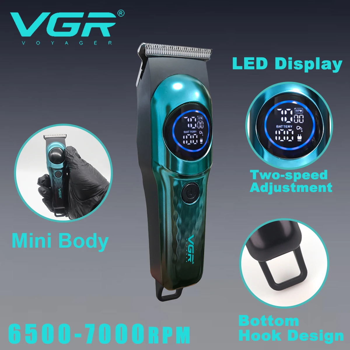 VGR V-966 Professional Hair Clipper for Men T-Blade 2 Gears 7000RPM LCD Mini Body Finishing Machine Hair Trimmer Haircut Machine