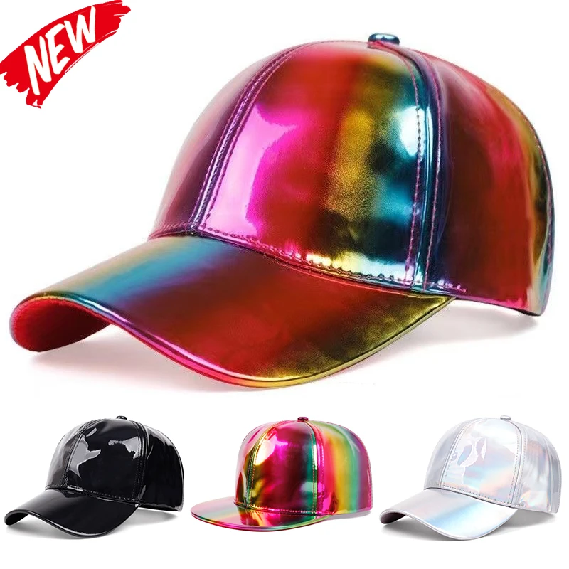 Women\'s Fashion Laser Baseball Cap PU Leather Unisex Hats Adjustable Gradient Cap Shiny Party Dressing Caps Hip Hop Cap