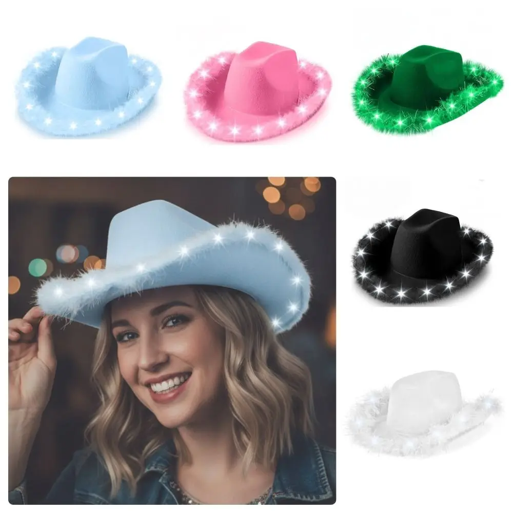 Fashion Feather Edge Led Cowboy Hat with LED Light Solid Color Light Up Cowgirl Hat Cowboy Bucket Hat Party