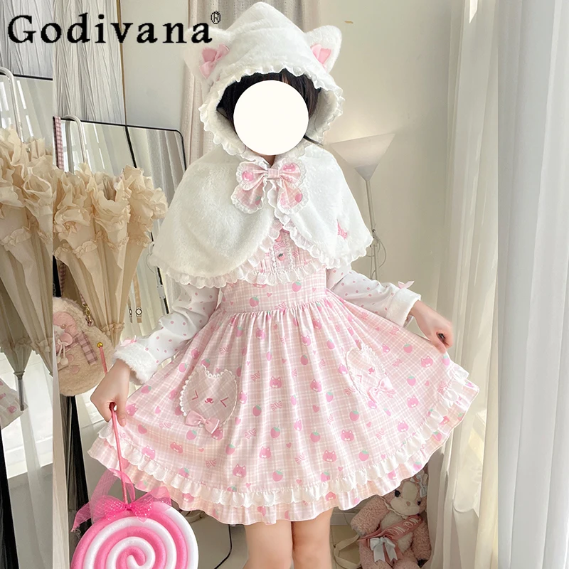 

Original Japanese Soft Girls Lolita Plush Hooded Cloak Dress Set Autumn Winter New Sweet Cute Printed Mini Dress Cloak Set Women