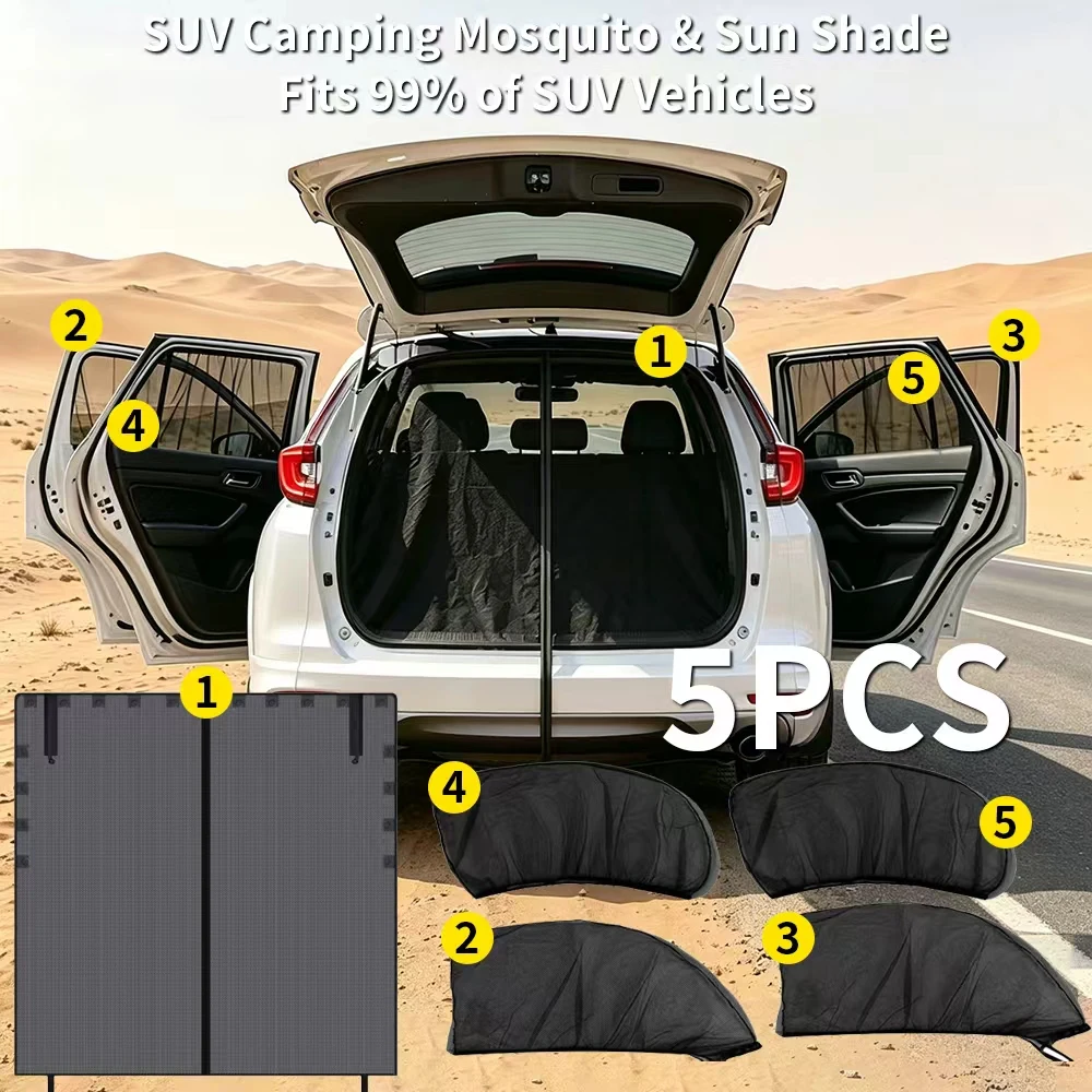 Car SUV Camping 5‑Pcs Mesh Sun Shade Mosquito Net, Rear Trunk Side Door Anti‑Insect Screen Curtain for Outdoor Travel Adventure